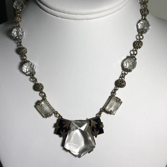 Vintage Faceted Glass and Onyx Necklace - Picture 5 of 5